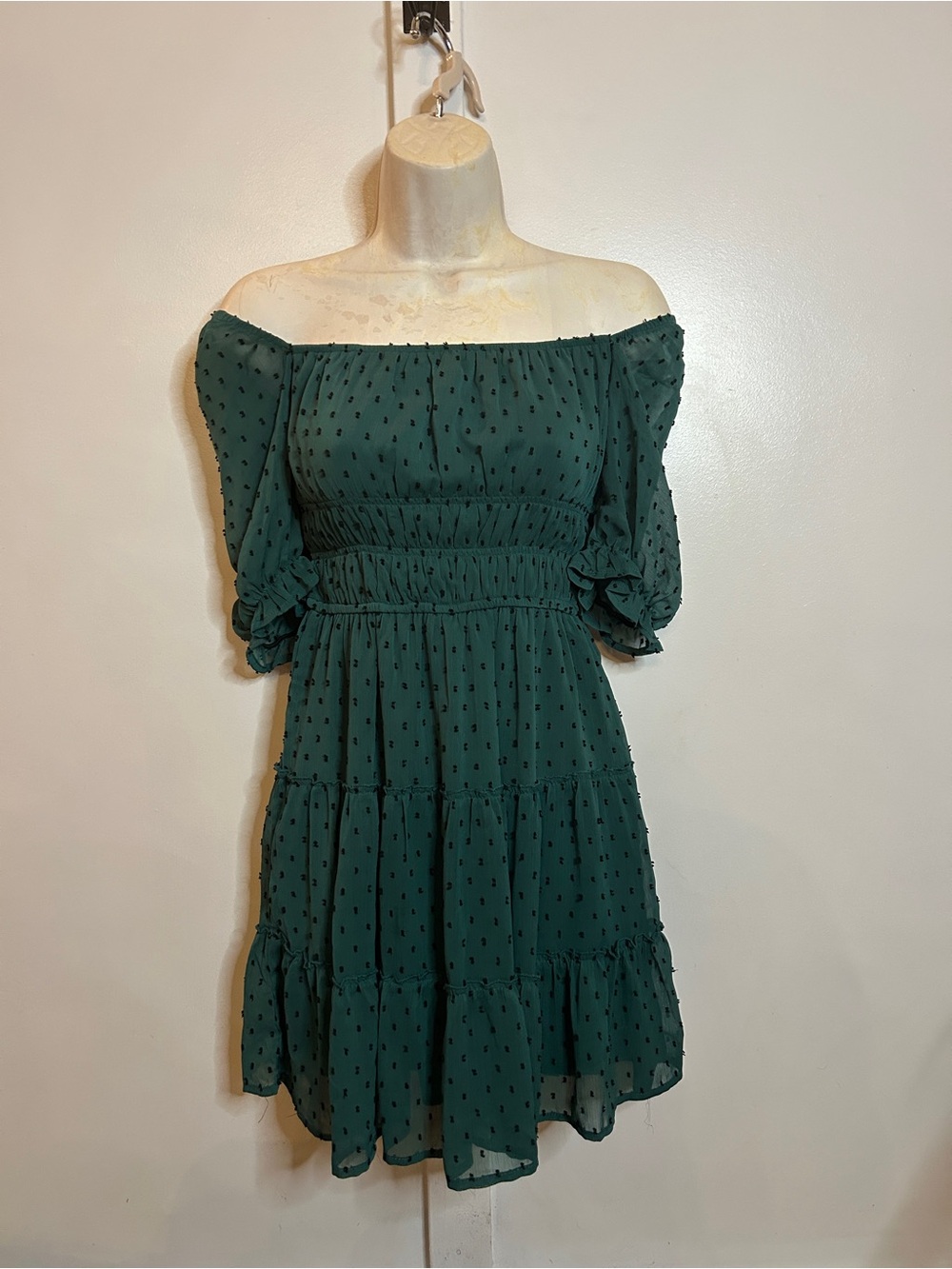 Trixxi Off Shoulder Emerald Green Swiss Dot Tiered Dress